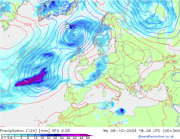 Precipitación (12h) GFS 0.25 mié 09.10.2024 06 UTC