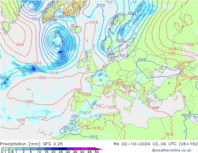 Niederschlag GFS 0.25 Mi 02.10.2024 06 UTC