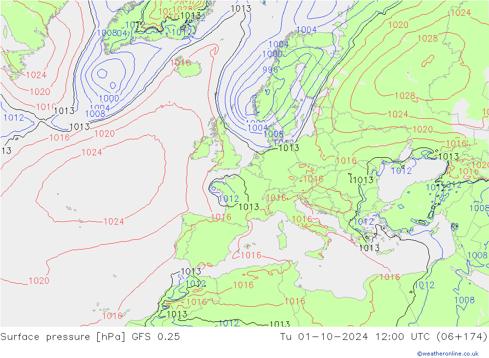 Atmosférický tlak GFS 0.25 Út 01.10.2024 12 UTC