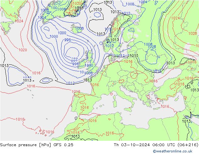 Atmosférický tlak GFS 0.25 Čt 03.10.2024 06 UTC