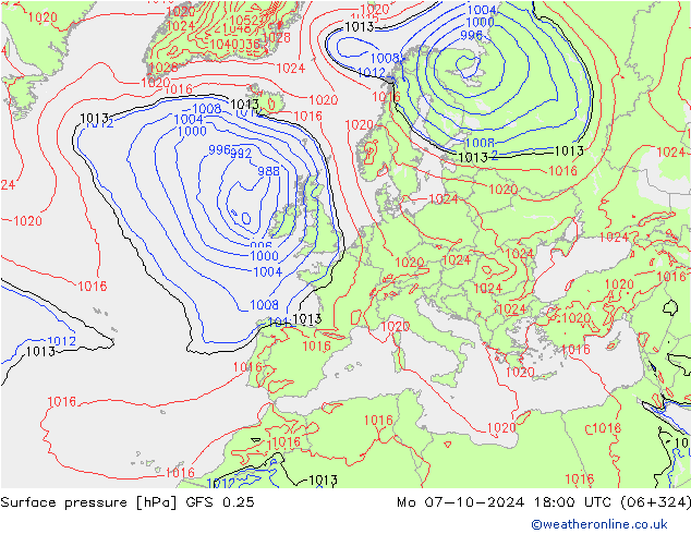 ciśnienie GFS 0.25 pon. 07.10.2024 18 UTC