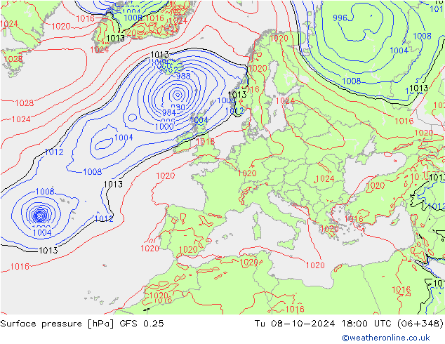 Pressione al suolo GFS 0.25 mar 08.10.2024 18 UTC