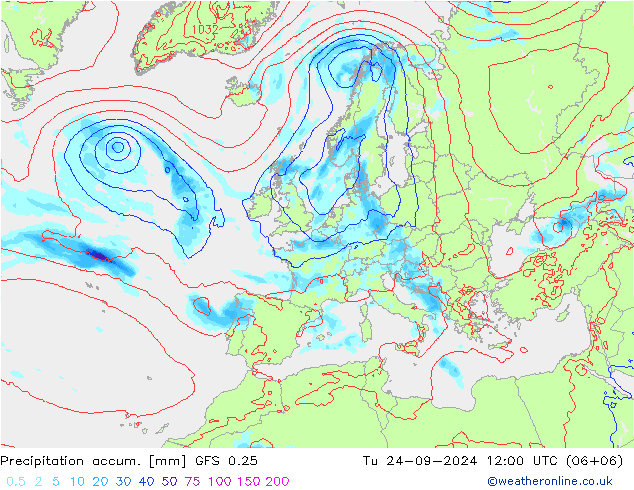 Precipitation accum. GFS 0.25 Út 24.09.2024 12 UTC