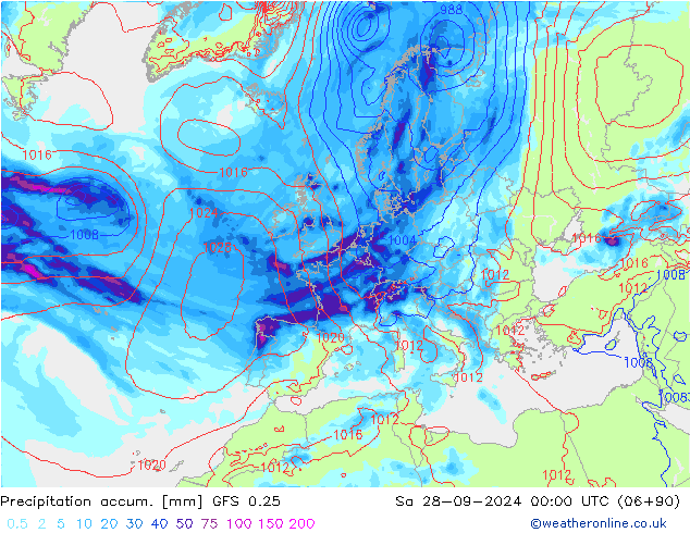 Precipitation accum. GFS 0.25 Sa 28.09.2024 00 UTC