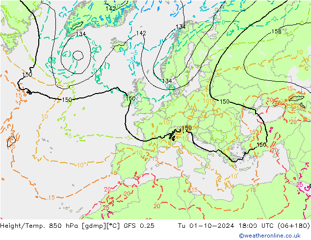 Height/Temp. 850 гПа GFS 0.25 вт 01.10.2024 18 UTC