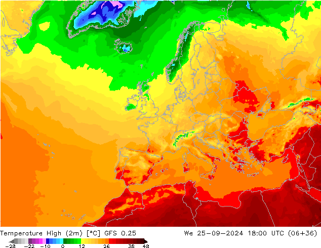 Temperature High (2m) GFS 0.25 We 25.09.2024 18 UTC