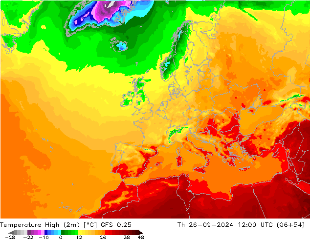 Max. Temperatura (2m) GFS 0.25 czw. 26.09.2024 12 UTC