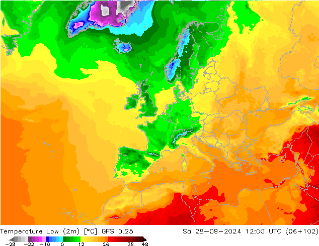 Nejnižší teplota (2m) GFS 0.25 So 28.09.2024 12 UTC