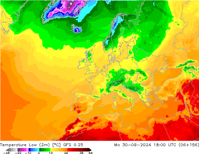 Temperature Low (2m) GFS 0.25 Mo 30.09.2024 18 UTC