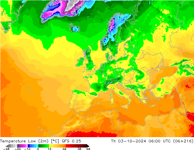 Temperature Low (2m) GFS 0.25 Th 03.10.2024 06 UTC