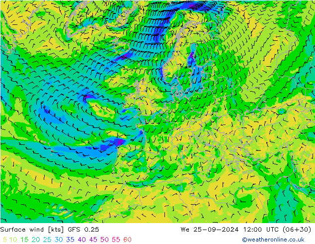 Surface wind GFS 0.25 We 25.09.2024 12 UTC