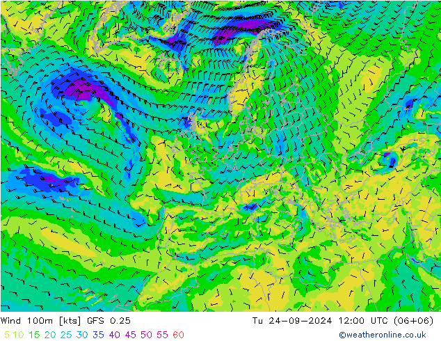 Wind 100m GFS 0.25 Út 24.09.2024 12 UTC