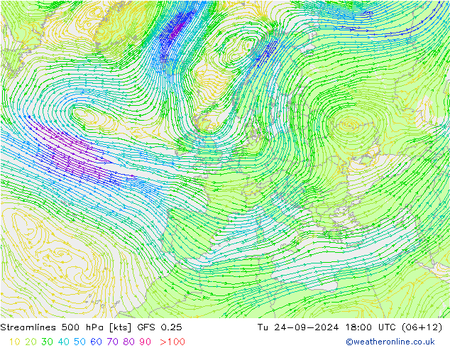 Linia prądu 500 hPa GFS 0.25 wto. 24.09.2024 18 UTC