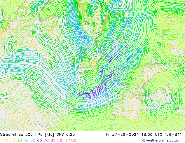 Stromlinien 500 hPa GFS 0.25 Fr 27.09.2024 18 UTC