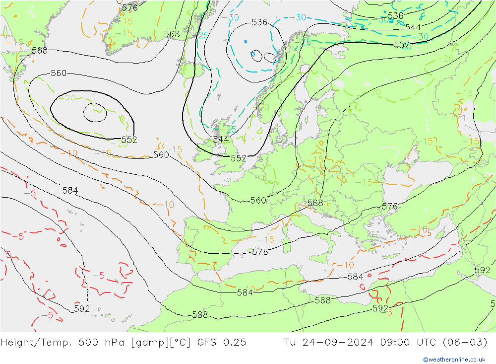 Height/Temp. 500 hPa GFS 0.25 星期二 24.09.2024 09 UTC