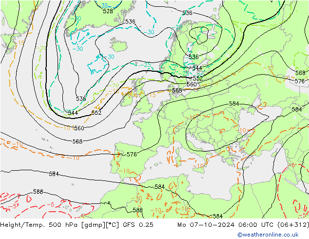 Z500/Rain (+SLP)/Z850 GFS 0.25 Mo 07.10.2024 06 UTC