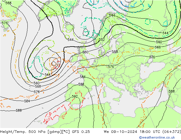 Z500/Rain (+SLP)/Z850 GFS 0.25 We 09.10.2024 18 UTC