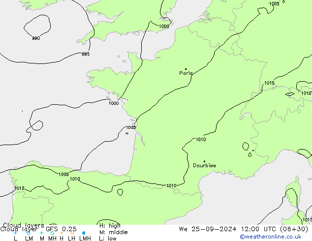 Cloud layer GFS 0.25 We 25.09.2024 12 UTC