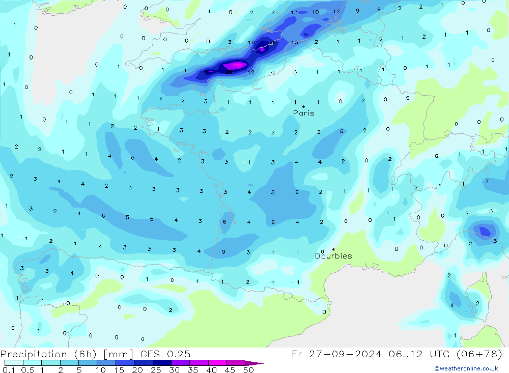 Z500/Rain (+SLP)/Z850 GFS 0.25  27.09.2024 12 UTC