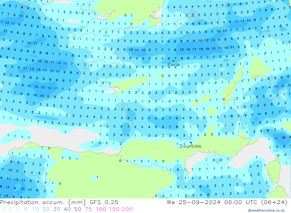 Nied. akkumuliert GFS 0.25 Mi 25.09.2024 06 UTC