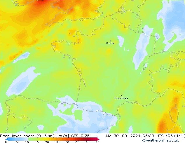 Deep layer shear (0-6km) GFS 0.25 lun 30.09.2024 06 UTC