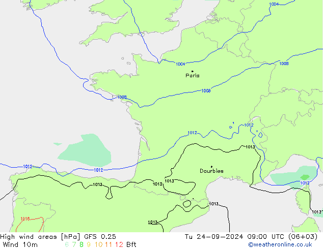 High wind areas GFS 0.25 Tu 24.09.2024 09 UTC