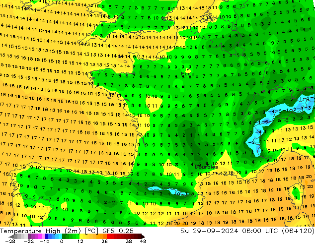 Temperatura máx. (2m) GFS 0.25 dom 29.09.2024 06 UTC