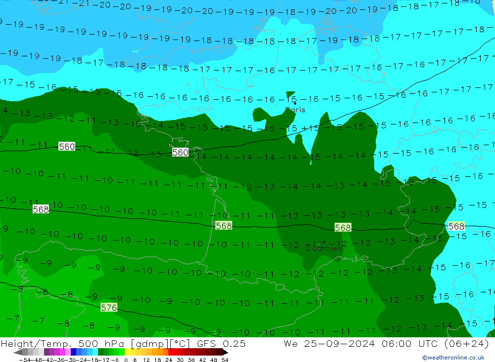 Z500/Rain (+SLP)/Z850 GFS 0.25 Qua 25.09.2024 06 UTC