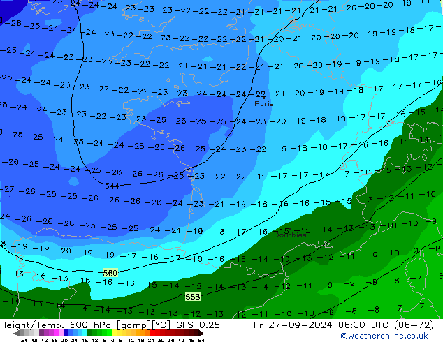 Z500/Rain (+SLP)/Z850 GFS 0.25 Sex 27.09.2024 06 UTC