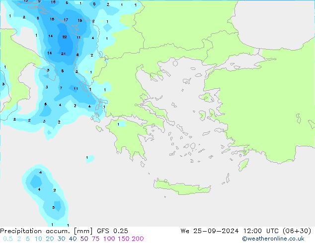 Precipitation accum. GFS 0.25 We 25.09.2024 12 UTC