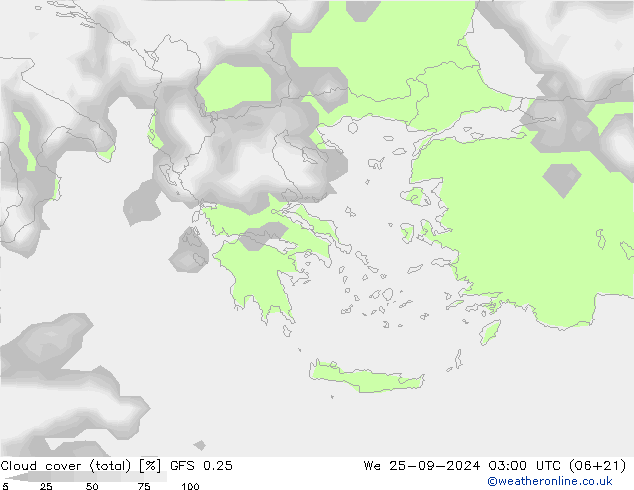 Bewolking (Totaal) GFS 0.25 wo 25.09.2024 03 UTC