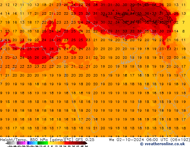 Geop./Temp. 850 hPa GFS 0.25 mié 02.10.2024 06 UTC