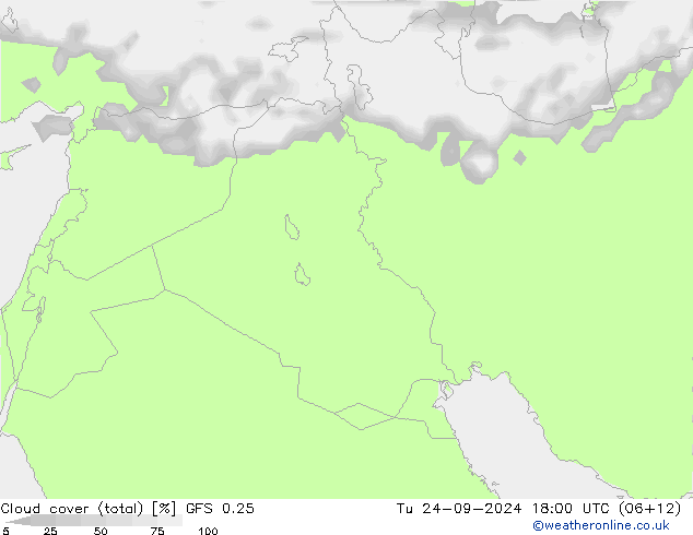 Cloud cover (total) GFS 0.25 Út 24.09.2024 18 UTC