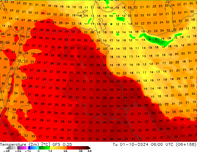 Sıcaklık Haritası (2m) GFS 0.25 Sa 01.10.2024 06 UTC