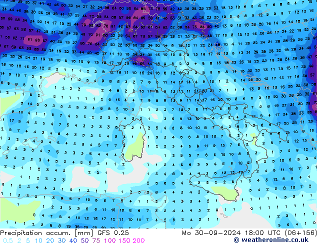 Precipitation accum. GFS 0.25 Po 30.09.2024 18 UTC