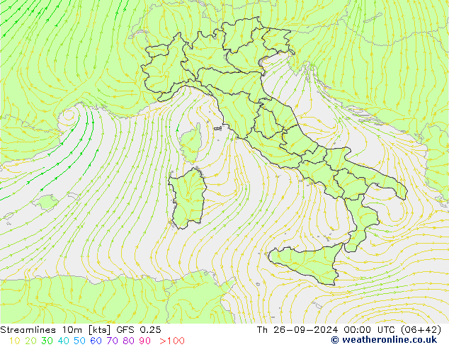 Streamlines 10m GFS 0.25 Th 26.09.2024 00 UTC