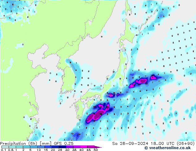 Precipitation (6h) GFS 0.25 So 28.09.2024 00 UTC