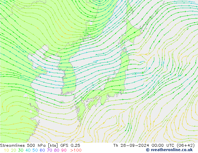 Streamlines 500 hPa GFS 0.25 Čt 26.09.2024 00 UTC