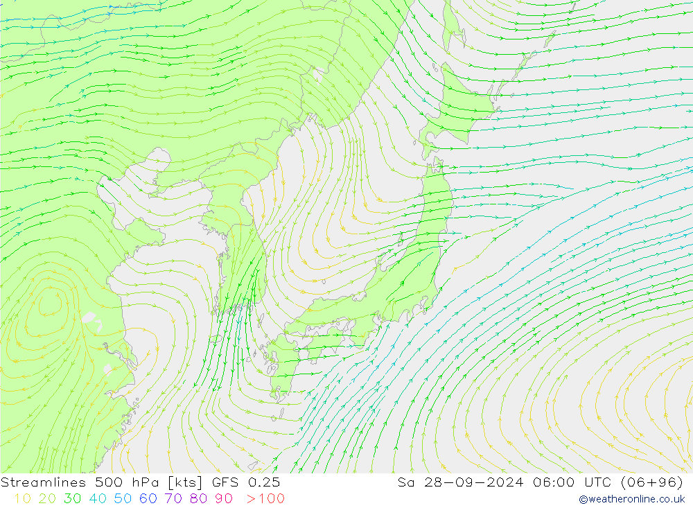 Streamlines 500 hPa GFS 0.25 Sa 28.09.2024 06 UTC