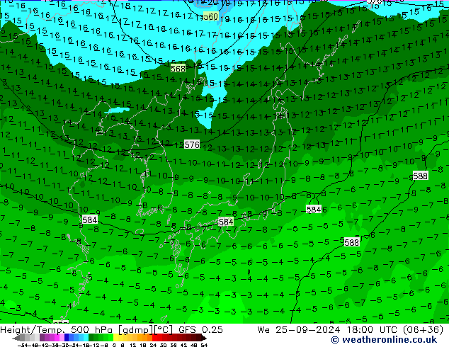 Z500/Rain (+SLP)/Z850 GFS 0.25 Qua 25.09.2024 18 UTC