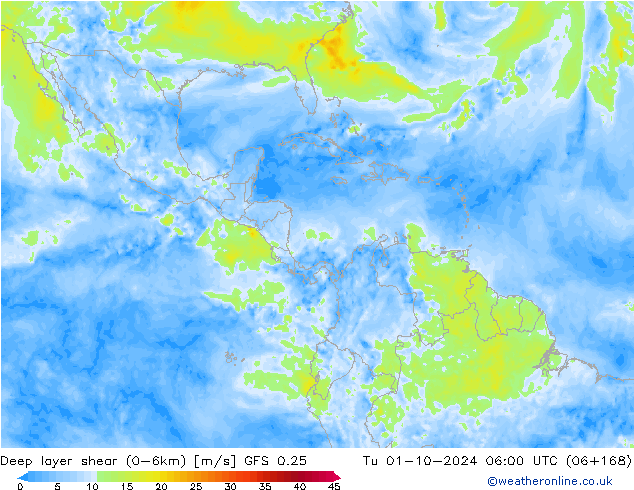 Deep layer shear (0-6km) GFS 0.25 Ter 01.10.2024 06 UTC