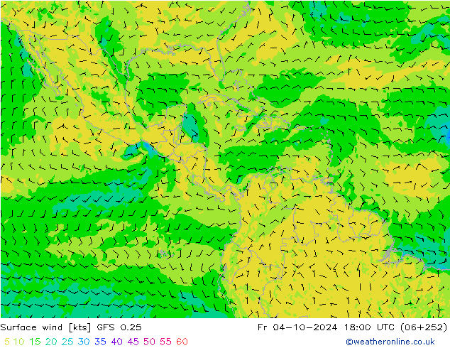 Viento 10 m GFS 0.25 vie 04.10.2024 18 UTC