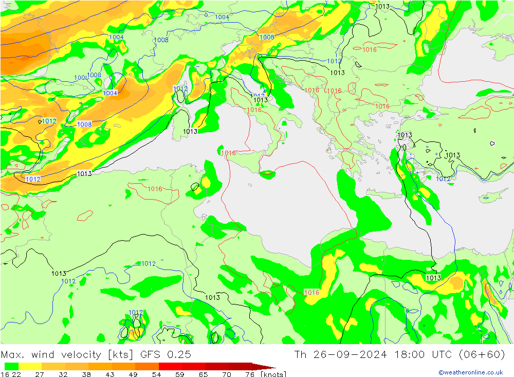 Max. wind velocity GFS 0.25 чт 26.09.2024 18 UTC