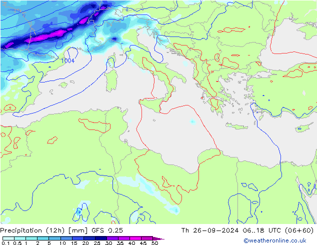 осадки (12h) GFS 0.25 чт 26.09.2024 18 UTC