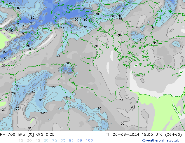 RH 700 hPa GFS 0.25 Qui 26.09.2024 18 UTC