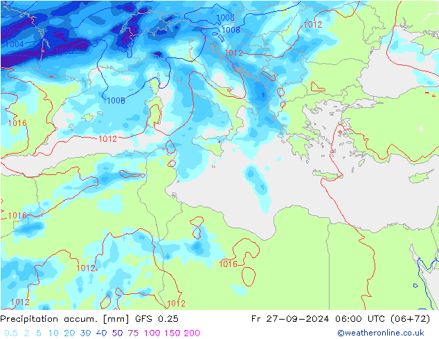 Precipitation accum. GFS 0.25 pt. 27.09.2024 06 UTC