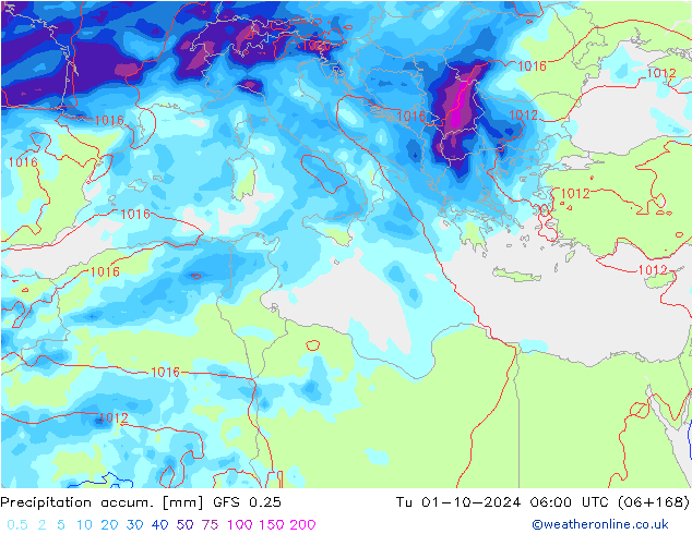 Precipitation accum. GFS 0.25 вт 01.10.2024 06 UTC