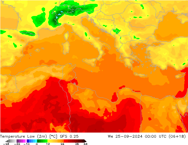 Minumum Değer (2m) GFS 0.25 Çar 25.09.2024 00 UTC