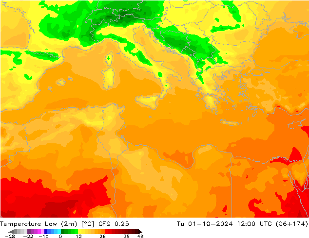 Temperature Low (2m) GFS 0.25 Tu 01.10.2024 12 UTC