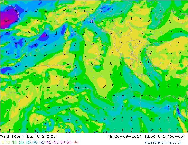 Vento 100m GFS 0.25 Qui 26.09.2024 18 UTC